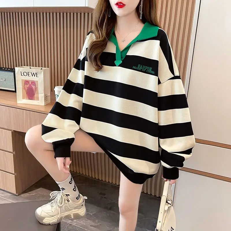 

Striped Sweater Women's Spring And Autumn Design Sense Loose Lazy Style American Polo Collar Top