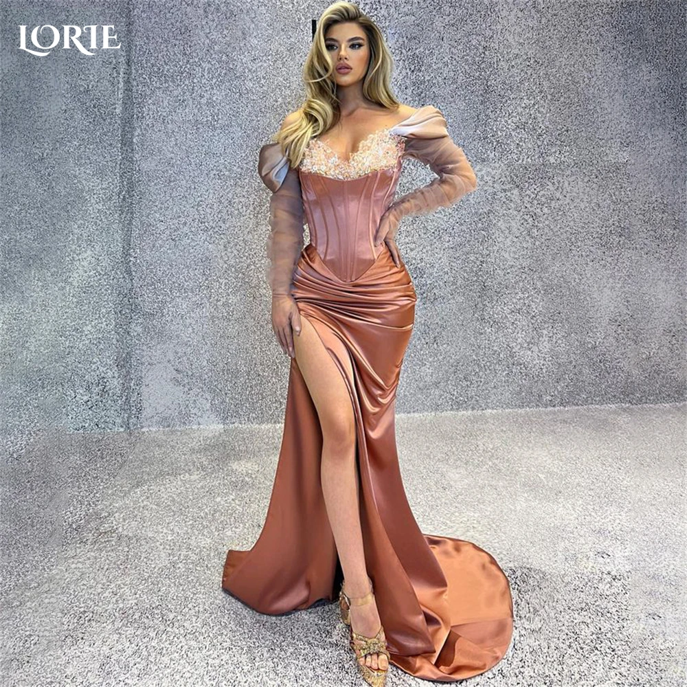 

LORIE Luxury Glitter Mermaid Evening Dresses Off Shoulder Pleats V-Neck Prom Dress Arabia High Side Slit Party Gowns No Gloves