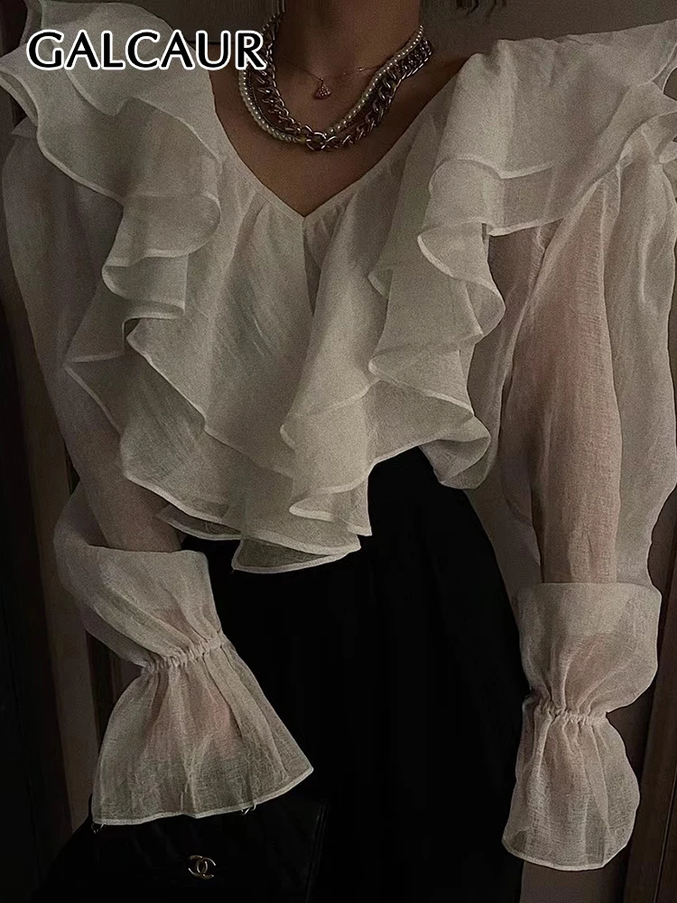 

GALCAUR Fashion Loose Ruffle Trim Shirt For Women V Neck Long Sleeve Ruched Solid Casual Blouses Female Summer Clothes Style New