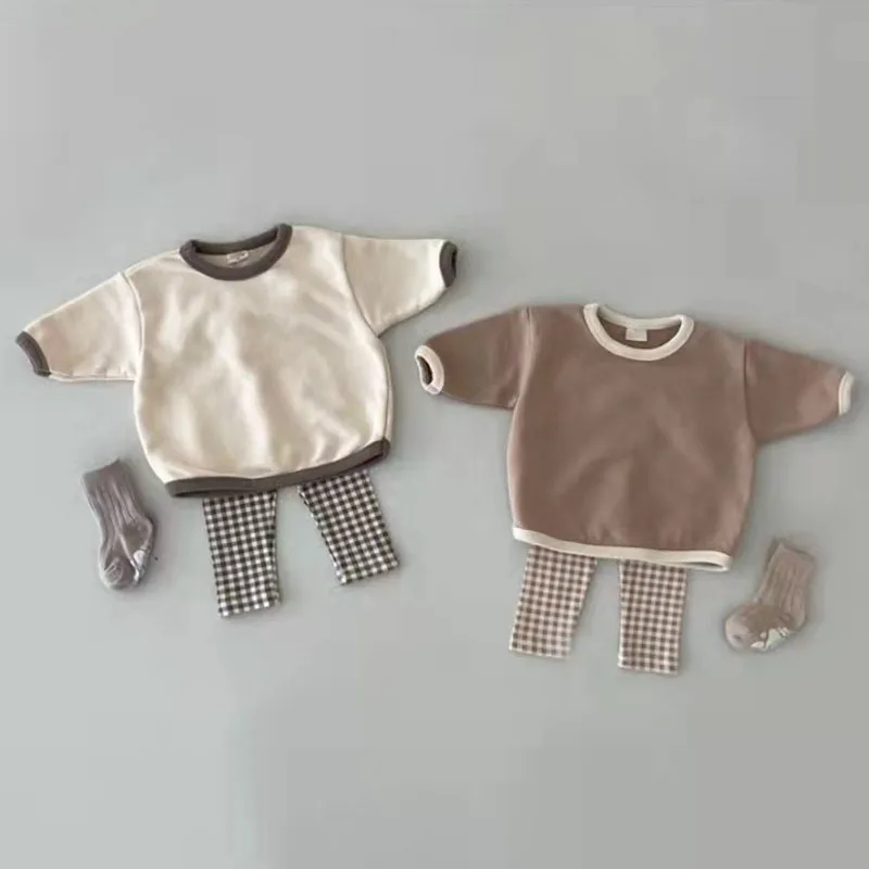 

2022 Nieuwe Baby Jongens Solid Leuke Casual Lange Mouwen Top Katoen Baby Peuter Meisjes Plaid Mode Broek 2Pc Set kinderen Pyjama