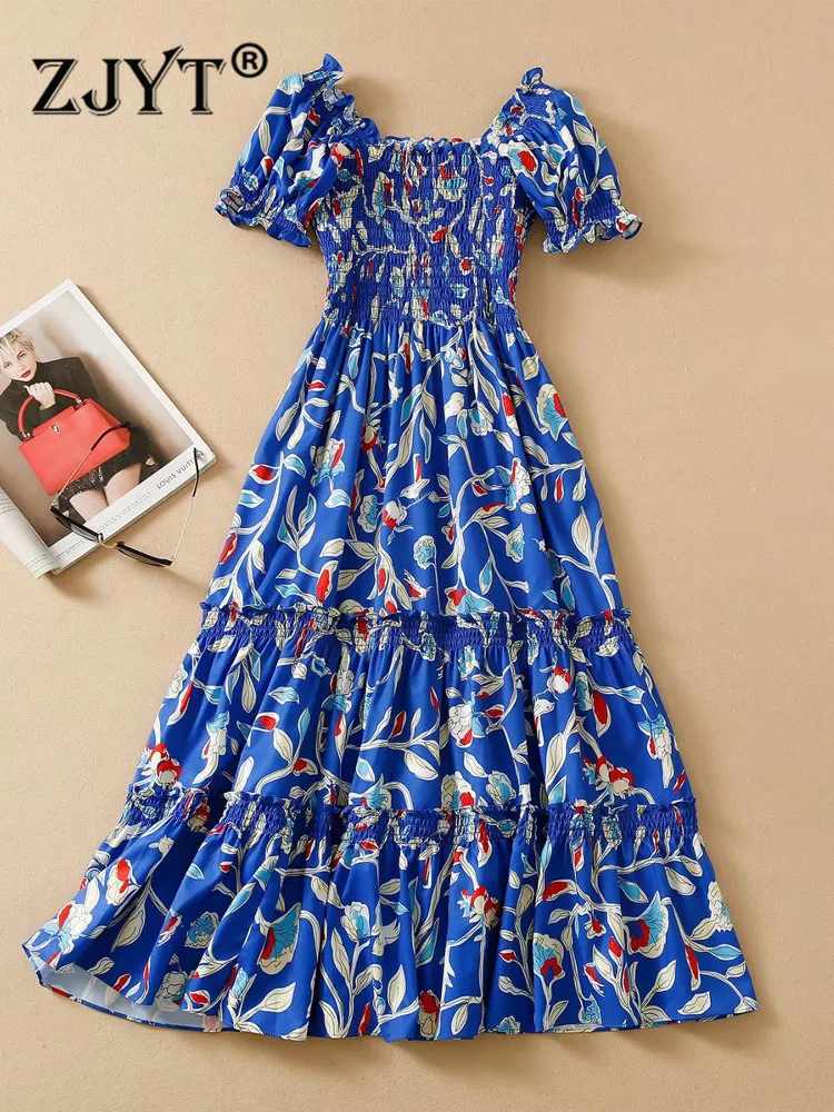 

ZJYT Designer Summer Midi Holiday Dress Women 2022 Elegant Puff Sleeve Print Slash Neck Casual Vestidos Aline Blue Robe Femme