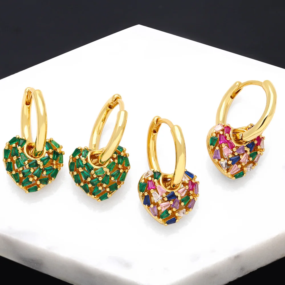 FLOLA Polished Gold Plated Hoops Heart Earrings for Women Multicolor CZ Crystal Huggie Earrings Wholesale Jewelry Gifts ersa213