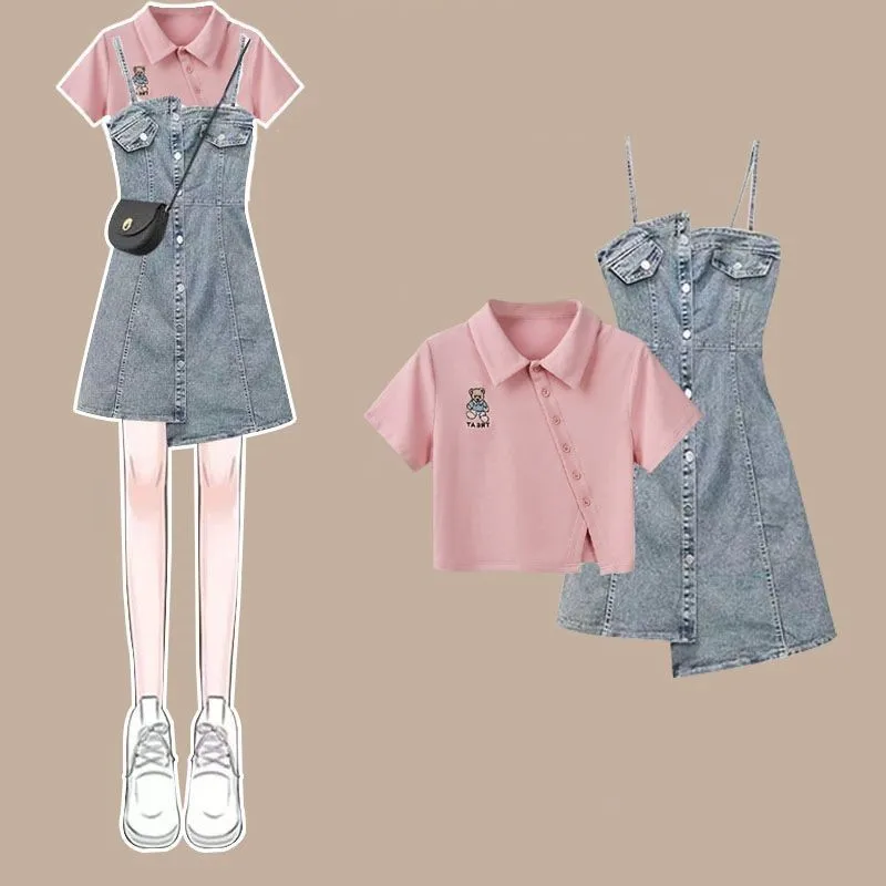 Женский летний комплект из двух предметов: футболка-поло с коротким рукавом и