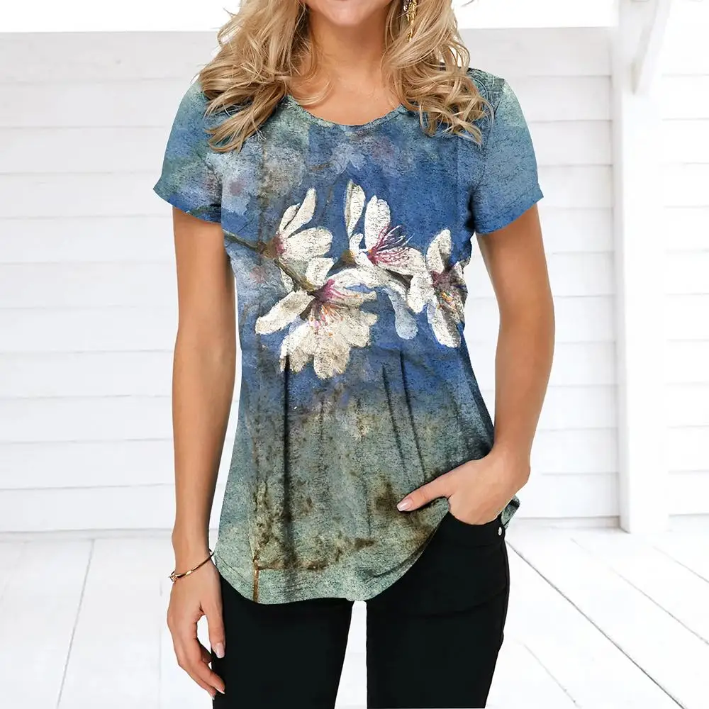 

2023 New Floral Tee For Women O Neck Harajuku Clothing Summer Casual Short Sleeve Daily Streetwear Blouse Female Oversized Tops