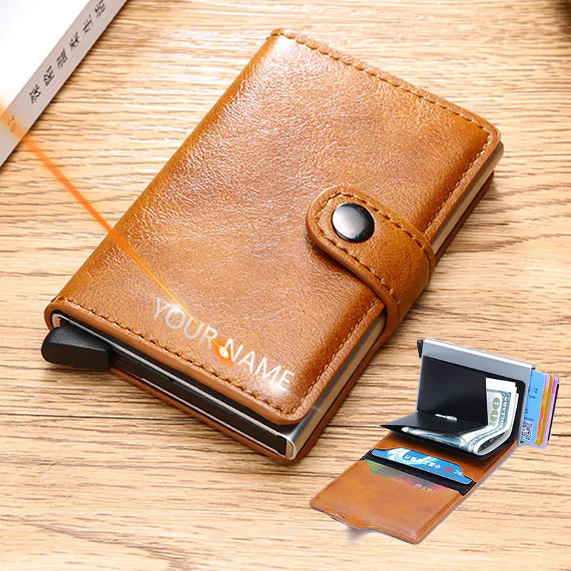 

New RFID Mini Men Wallets Name Engraved Slim Popup Card Holder Male Wallet High Quality PU Leather Small Men's Wallet Purse