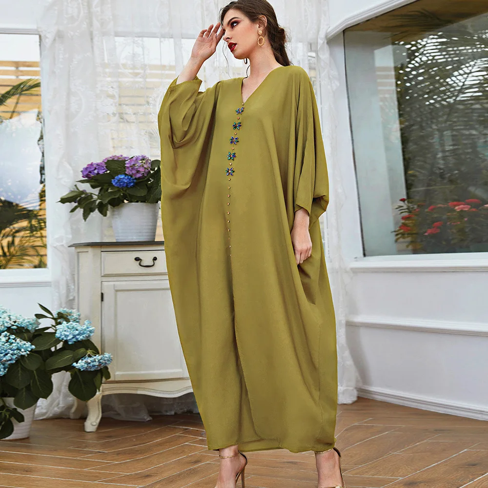 Bat Cloak Loose Islamic Abaya For Women Dubai 2022 Eid Mubarak Kaftan Turkey Diamonds V Neck Middle East Muslim Abaya Long Dress