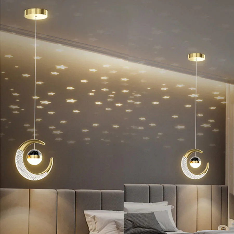 

Creative Luxury Bedroom Bedside Pendant Lamp With Moon Star Galaxy Projector Night Light Crown Globe Ball Cafe Hanging Light