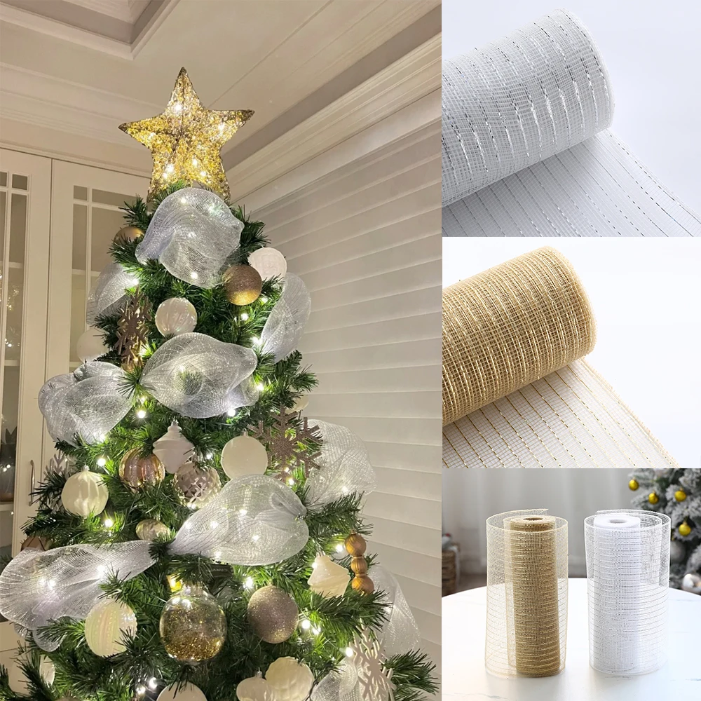 

26CM 10 Yards Gold Silver Christmas Wreath Mesh Gauze Home Xmas Tree DIY Decorations New Year Gift Wrapping Ribbon Wedding Decor