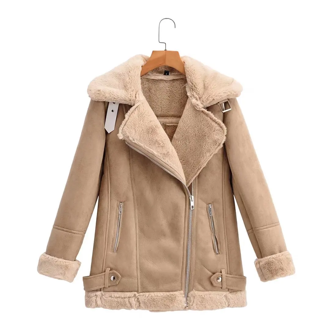 

FMFSSOM Winter Brown Faux Leather Jacket Women Warm Fur Sheepskin Coat Lacasual Long Sleeve Lady Elegant Windproof Snow Outwear