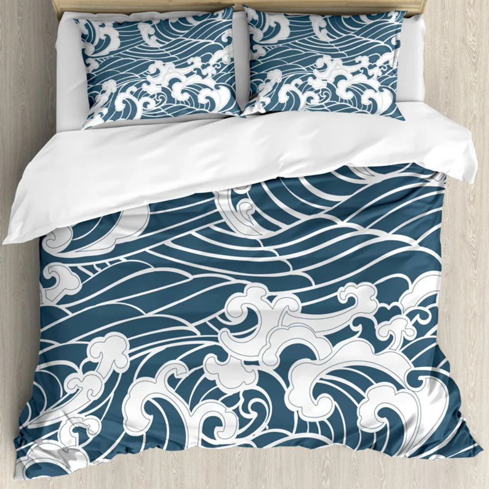 

Japanese Wave Bedding Set Duvet Cover Pillowcase Oriental Vintage Wave Monochrome Kanagawa Inspired Antique Art Bedroom