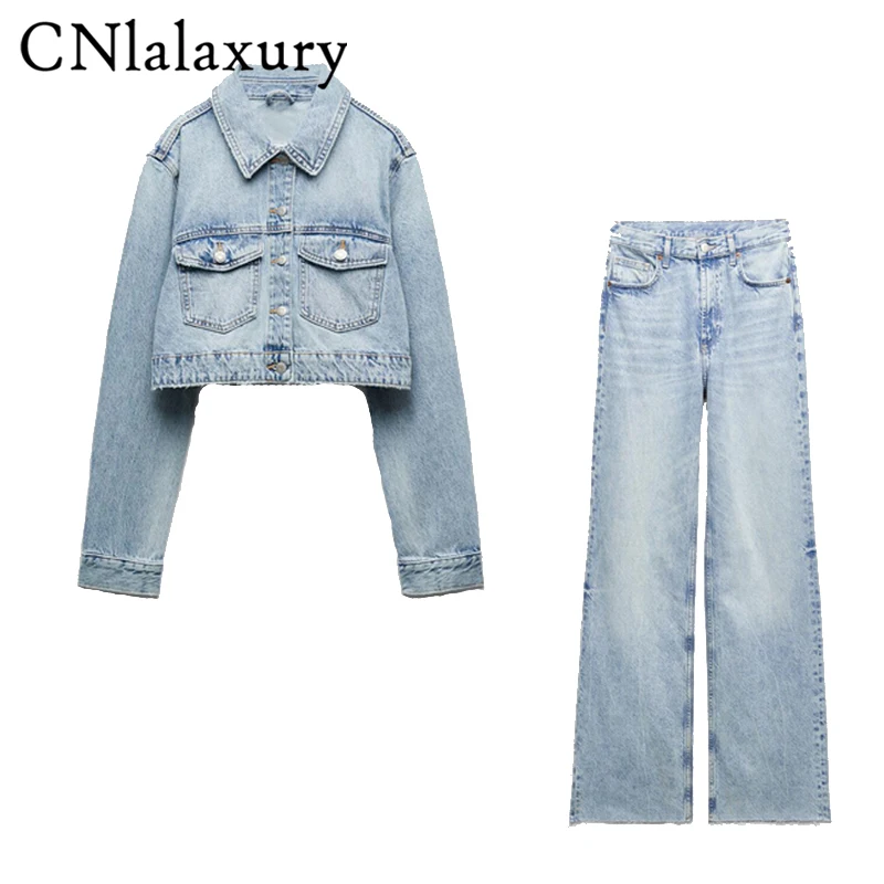 

CNlalaxury Casual Woman Blue Denim Jacket Long Sleeve Short Single-breasted Pocket Cowboy Jackets Fashion Outerwear Top Female