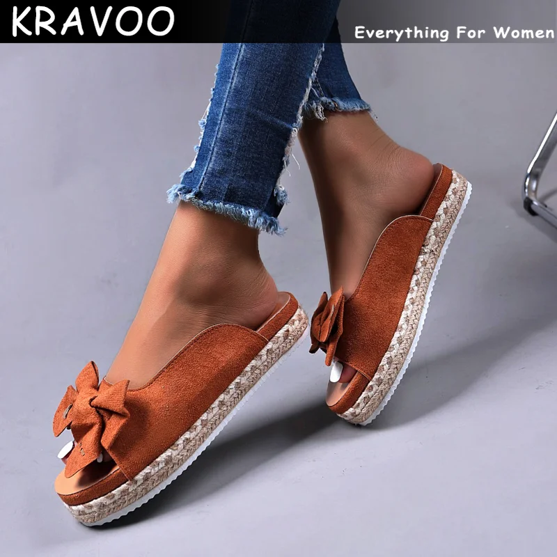 

KRAVOO Thick Bottom Bow Slippers for Women 2023 Chunky Platform Flat Heels Sandals Woman Light Thick Sole Beach Shoes Mujer