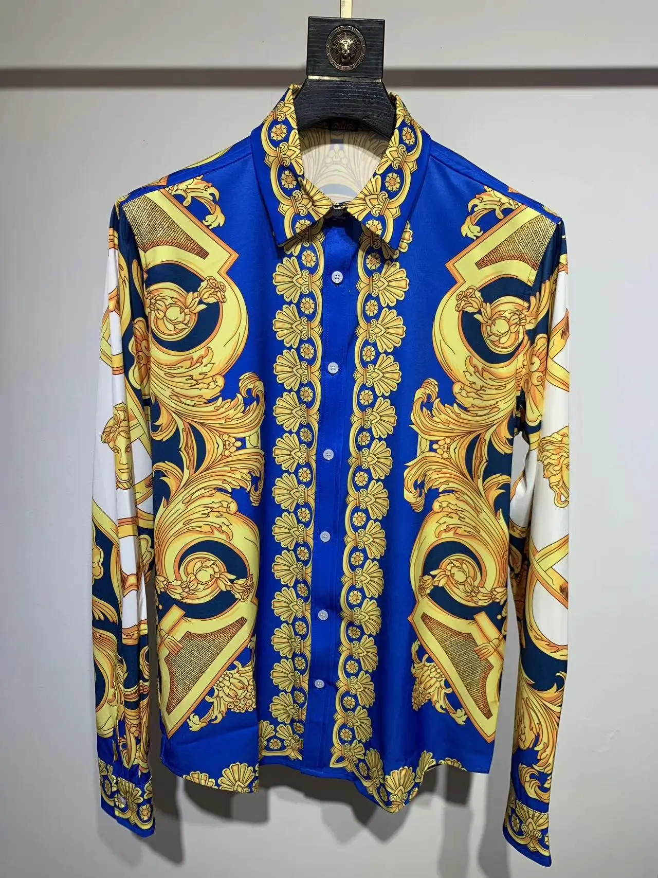 2023 Spring Europe Style Chic Men's High Quality Blue Retro Print Casual Shirt B818
