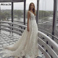 Exquisite A-Line Wedding Dress Alluring V-Neck Bridal Gown New Backless Dresses Sexy Sleeveless Lace Applique Vestido De Novia