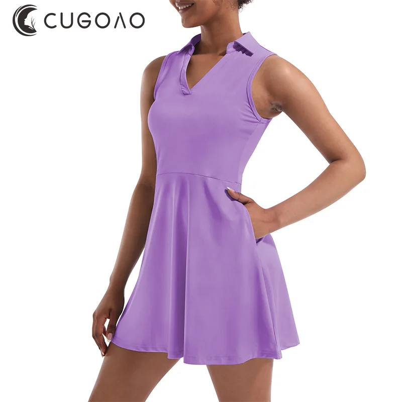 CUGOAO Fashion Purple 2pcs Tennis Dress Suit Solid Sleeveless Turn-down Collar Badmintan Golf Tennis Dresses Vestidos De Mujer