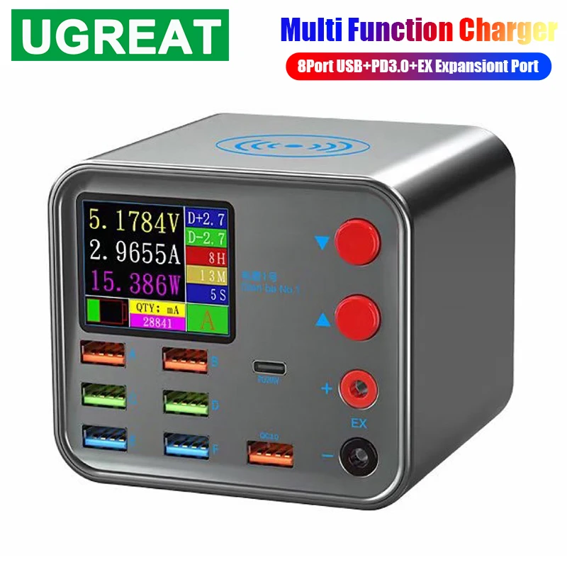 

120W Multi Function Charger Station with 10W Fast Wireless Charging 1.8-inch LED Screen 8 ports USB QC3.0 PD 20W Quick Charger