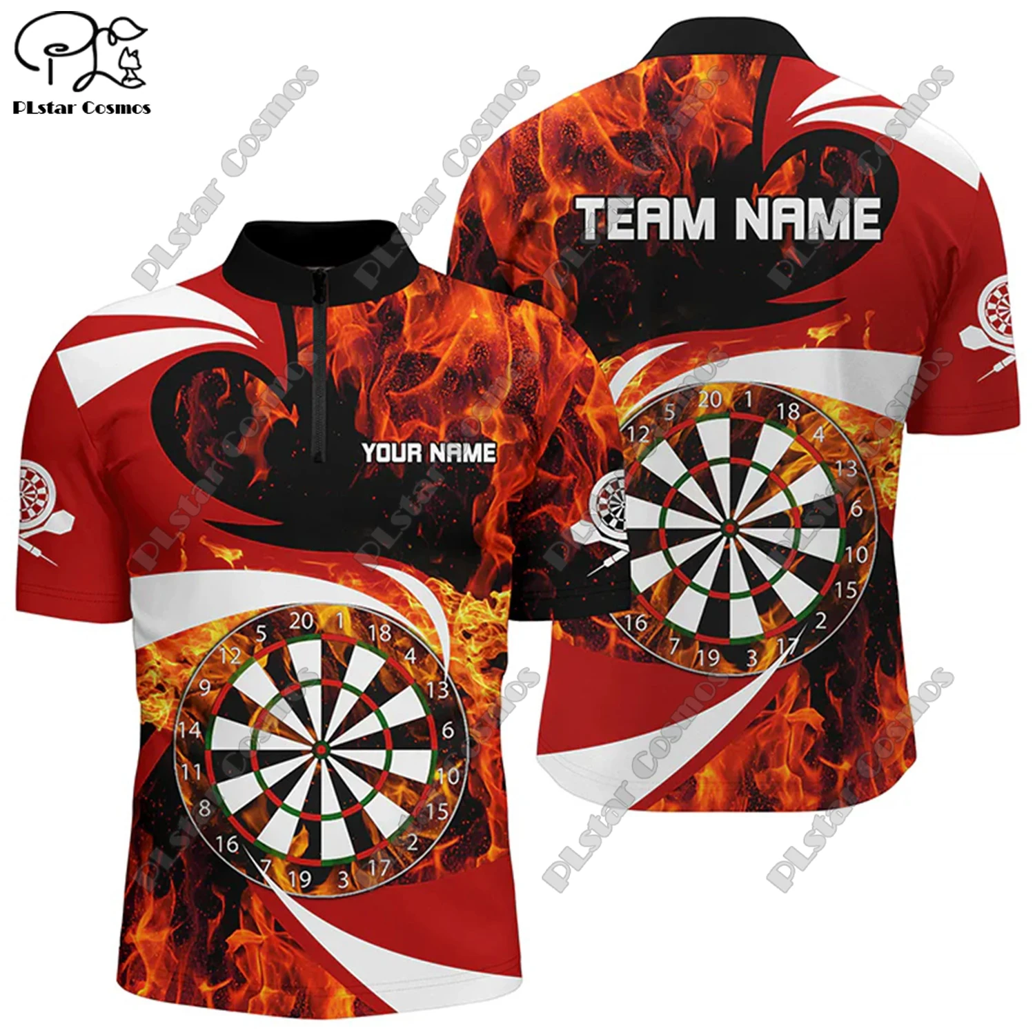 Новинка рубашка-поло унисекс с 3D-принтом пламени воротником-стойкой и молнией