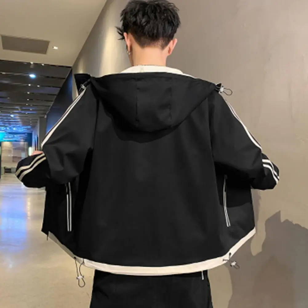 

Classic Hooded Jacket Thick Autumn Coat Drawstring Male Loose Fit Contrast Color Stitching Outwear Cold Resistant
