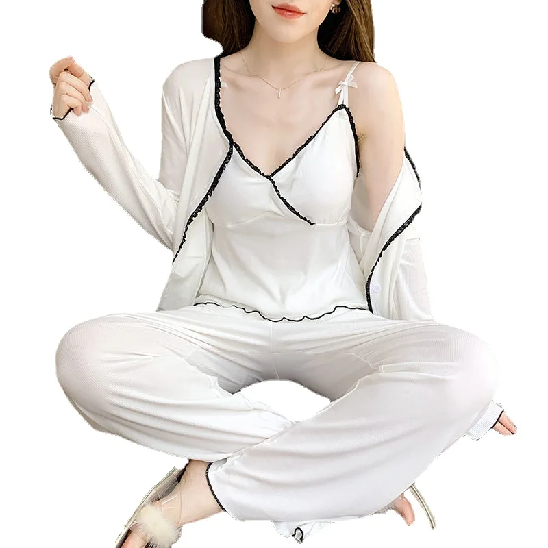New sexy suspenders three-piece pajamas women's spring, autumn and winter 2023 thin white home clothes with chest pads.