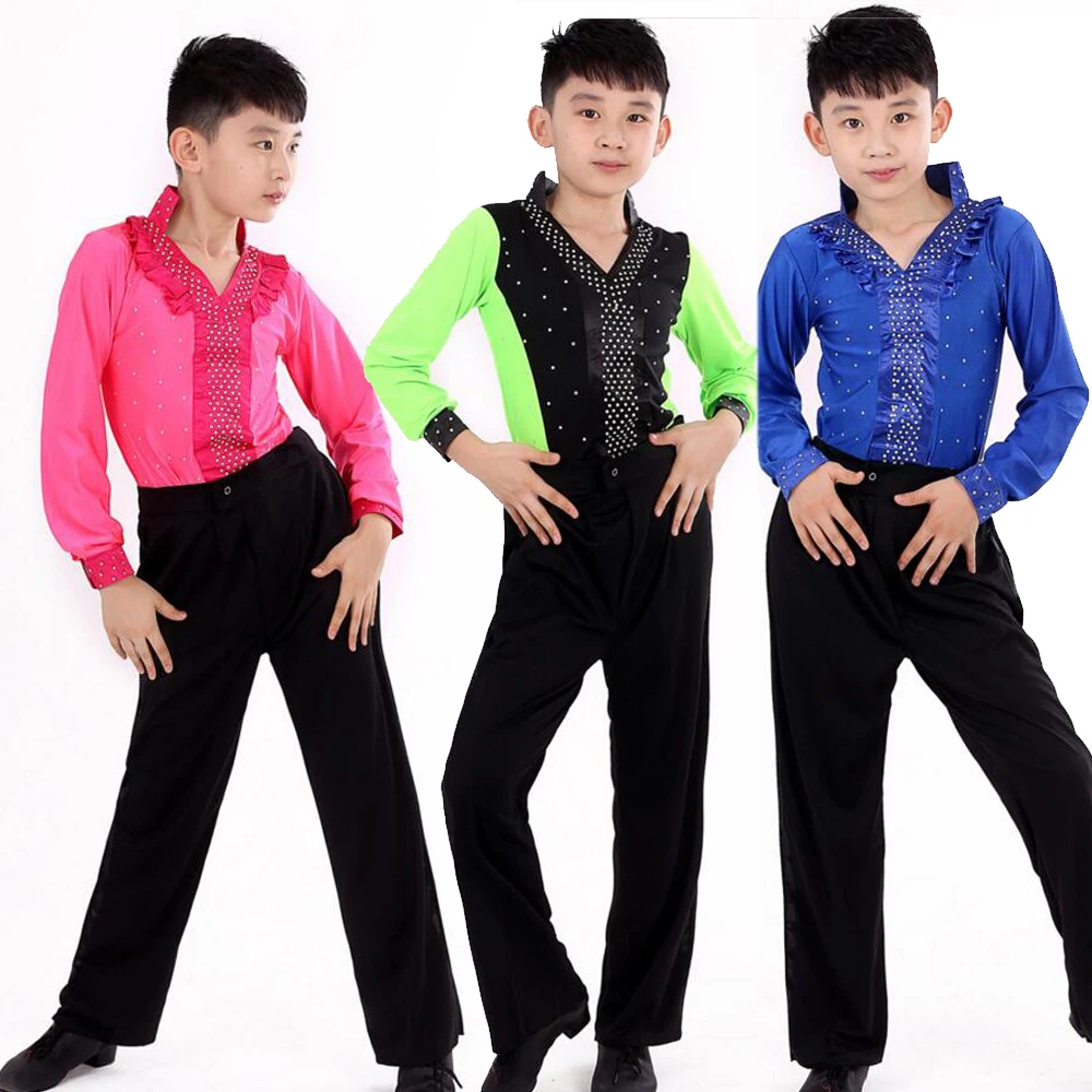 

New Boys Blue Green Latin Salsa Dancing Costumes Kids Ballroom Performance Party Dance wear tops+Pants vestido de baile latino