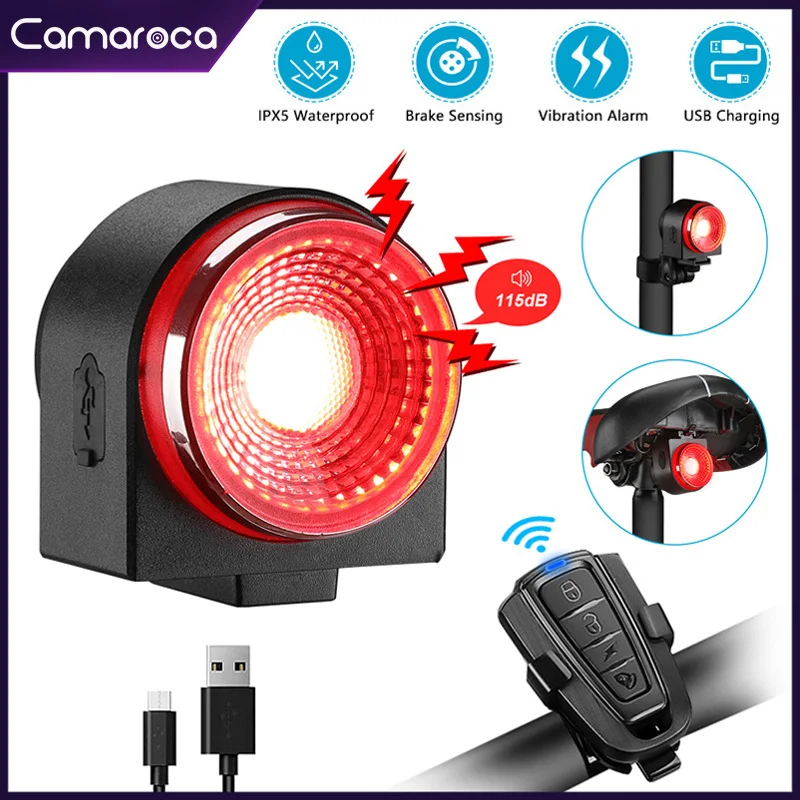 

Camaroca security protect Bike Burglar Alarm Taillight Waterproof Sensing Light Wireless Remote Control USB Charge Bicycle Alarm