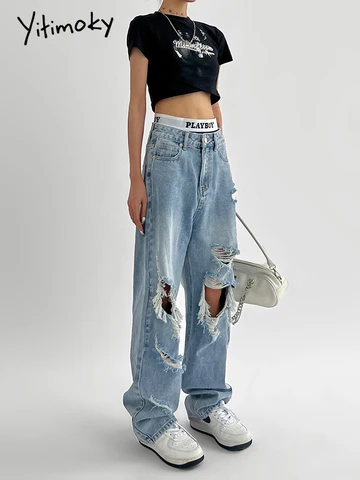 Cotvotee Ripped Jeans for Women Fashion Low Waist Vintage Streetwear Blue Jeans Woman Straight Loose Y2K Denim Wide Leg Jeans