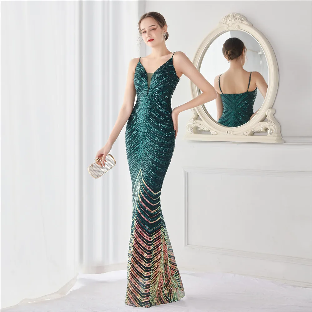

Green Sequin Formal Dresses Spaghetti Straps V-neck Women's Evening Dress Luxury Party Dress Special Occasion Dresses Gowns Long