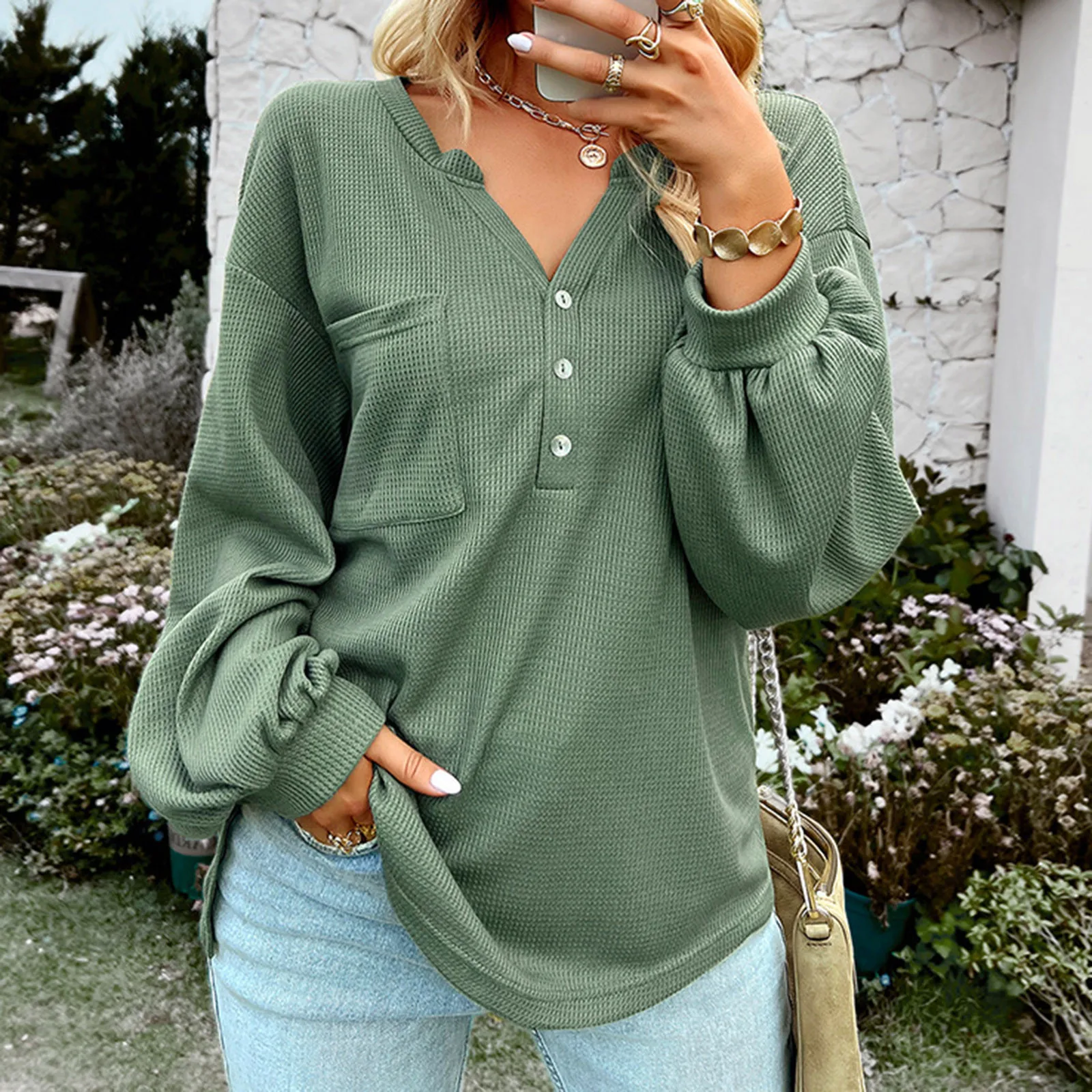 

Womens Knit Tunic Loose Long Sleeve Button V Neck Henley Lightweight Workout Shirts Women