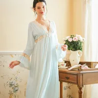 Tulin Fashion Robe Sets Court Style Women's Dressing Gown Deep V Neck Lace Light Blue Night Dress Long Flared Sleeves Phoentin