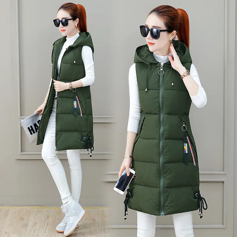 

2022 Winter Women Cotton Down Vest Sleeveless Warm Hooded Loose Casual Long Vest Female Waistcoat Outerwear Padded Jacket 3XL