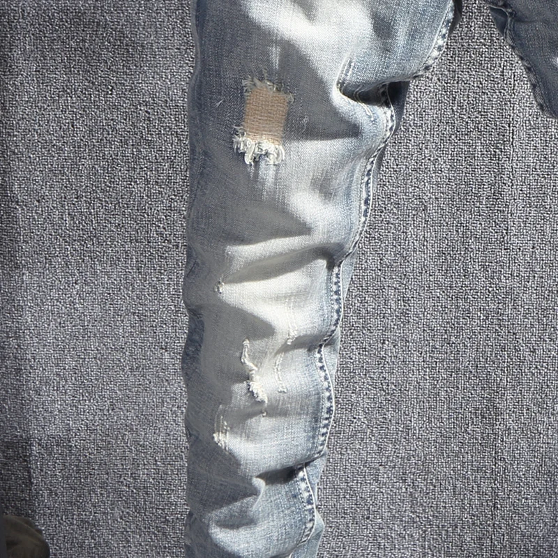 Street Fashion Designer Men Jeans Retro Light Blue Stretch Slim Fit Ripped Jeans Men Patched Vintage Casual Denim Pants Hombre