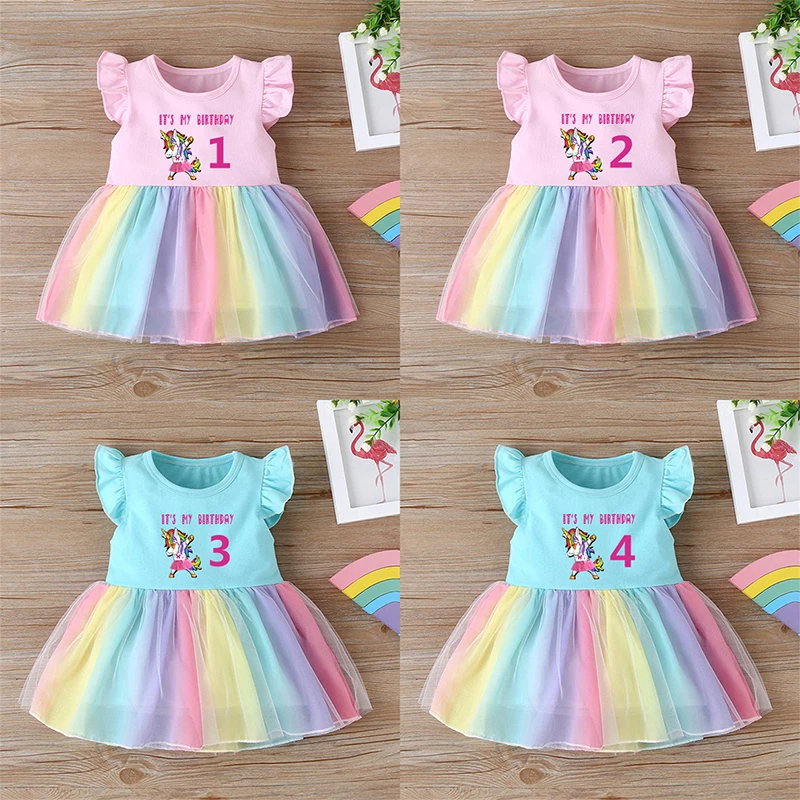 

Baby Girl 1st 2nd 3rd 4th Birthday Dress Unicorn Cute Princess Vestidos Toddler Girls Clothes Rainbow Mesh Party Dresses Outfits