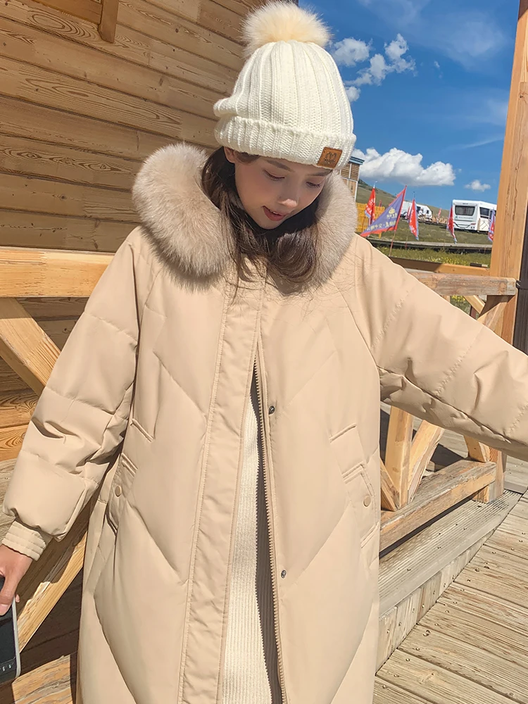 Korean Style Fashion Winter Long Parka For Women's Hooded With Fur Collar Warm Thicken Oversize Loose Coat Solid Jacket