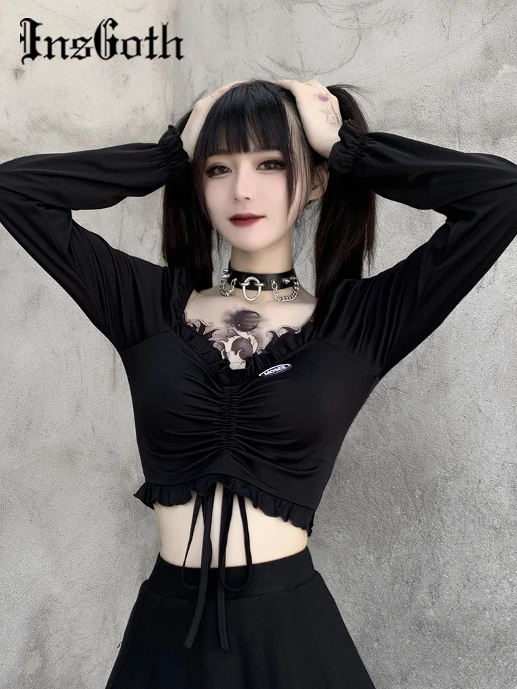 

InstaHot Bandage Bodycon Long Sleeve Crop Tops Female Black V-neck Streetwear Punk Slim Tops Autumn Gothic Harajuku Top
