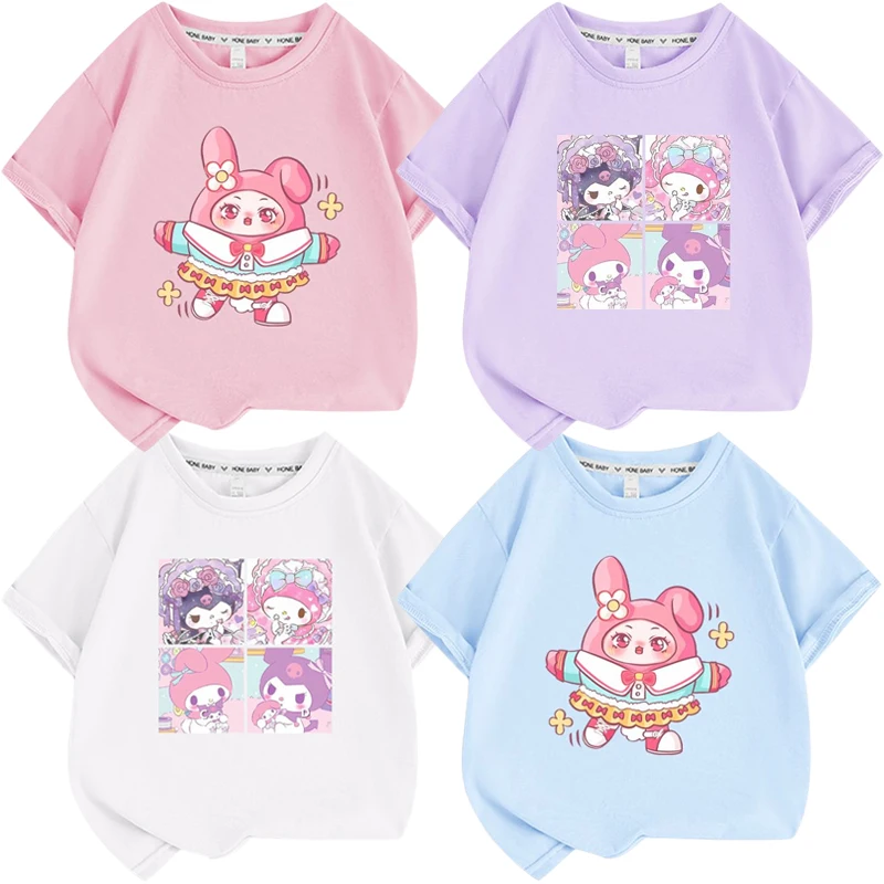 

Sanrios Cartoon Children Top Clothing My Melody Kuromi Cute Printing Short Sleeve T-shirt Anime Kawaii Summer Girls Half Sleeves