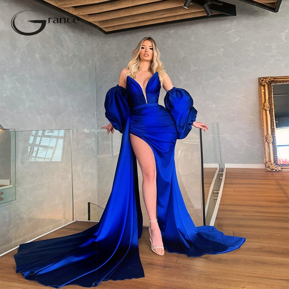 

Royal Blue V Neck Stretch Satin Asymmetrical Evening Dresses for Women Puffy Sleeve Pleat Summer V Neck Prom Gowns 2023 New