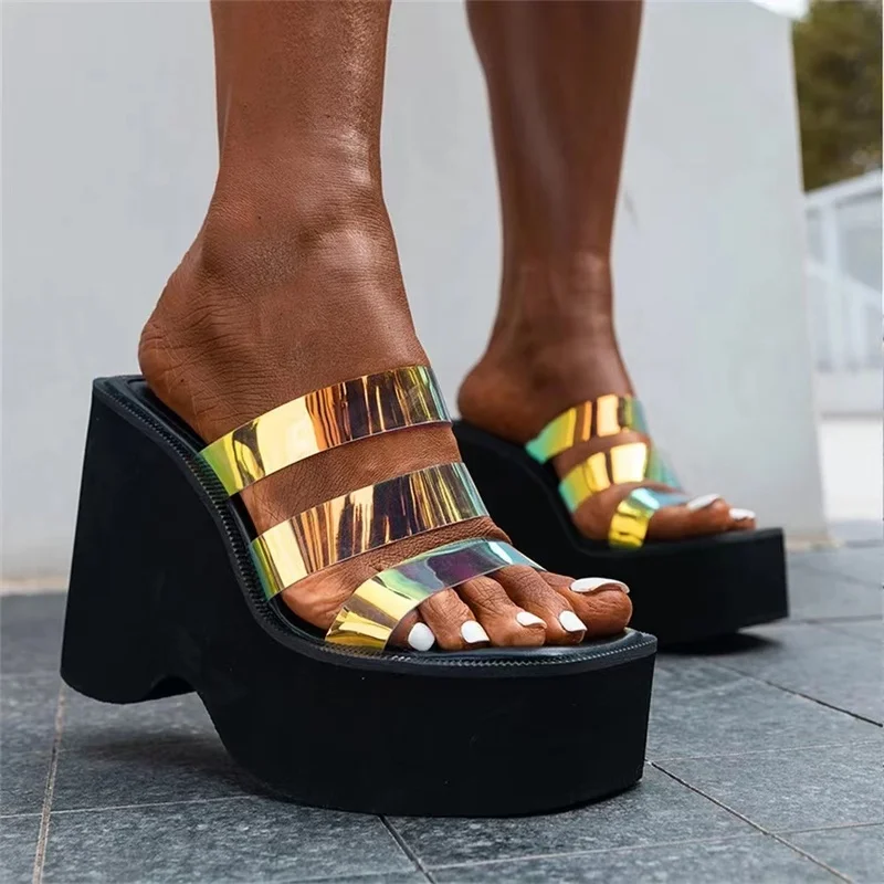 

Summer Black White Chunky Mules High Heels Casual Fashion Platform Wedge Sandals Women 2022