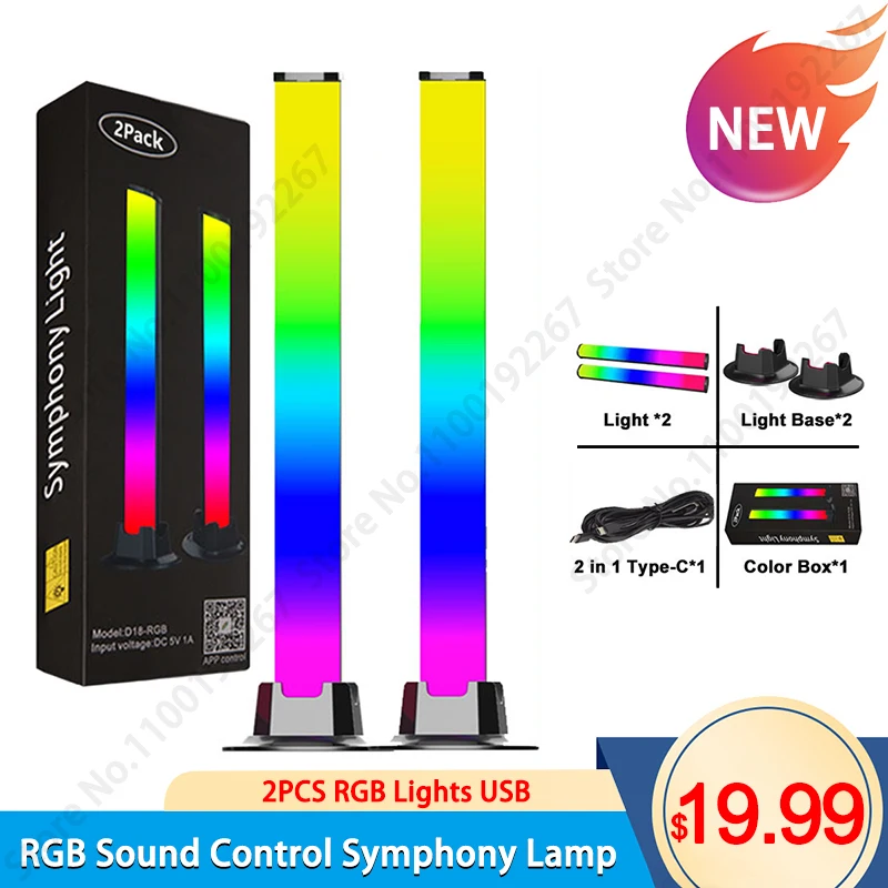 

2Pc RGB Symphony Light LED Bar Light Rhythm Ambient Light RGB Color Bar Light With APP Control For PC TV Game Home Night Light