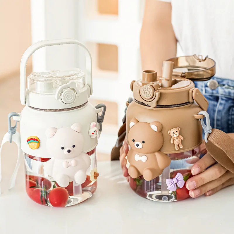 

Cute Girls Water Bottle 2023 New Cartoon Bear Kawaii Large Capacity Double Drink Straight Handle Plastic Cup DIY Sticker