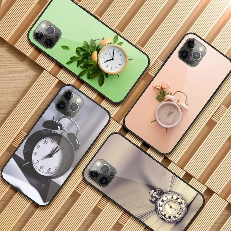 

Чехол для телефона с будильником и цветами для IPhone 14, 13, 12, 11, XS, X, 8, 7, 6 Plus, Mini Pro Max, SE 2022, черный стеклянный чехол для телефона из поликарбоната и ...