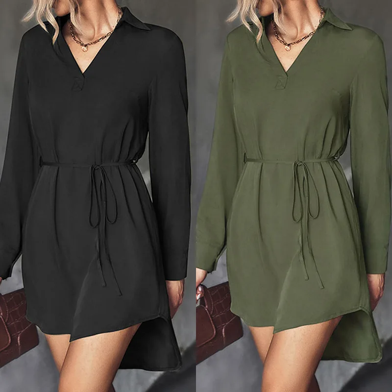 

2023 spring and summer women's casual fashion V-neck long sleeve lace A-line short dress