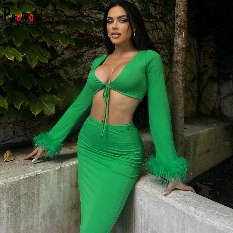 

Prowo Sexy Party Nightclub Wear Green Color V-neck Cropped Tops Skirts Two Piece Women Clothing Set Long Feathers Sleeve Outfits