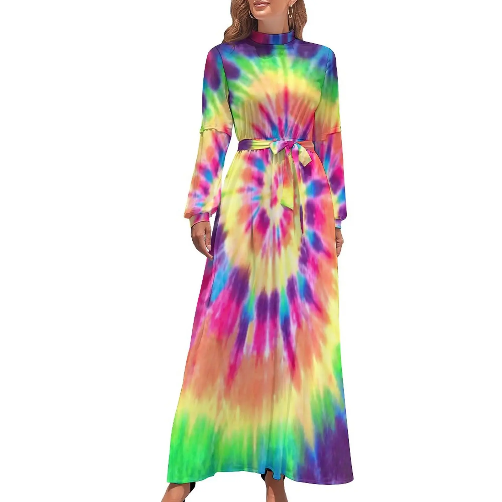 

Rainbow Tie Dye Dress Colorful Print Kawaii Maxi Dress Aesthetic Beach Long Dresses High Neck Custom Vestidos