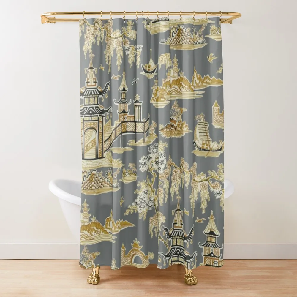 

Vintage Wuhan Pagoda Garden Teahouse - Gray And Gold Chinoiserie Window Roller Waterproof Outdoor Shower Curtains