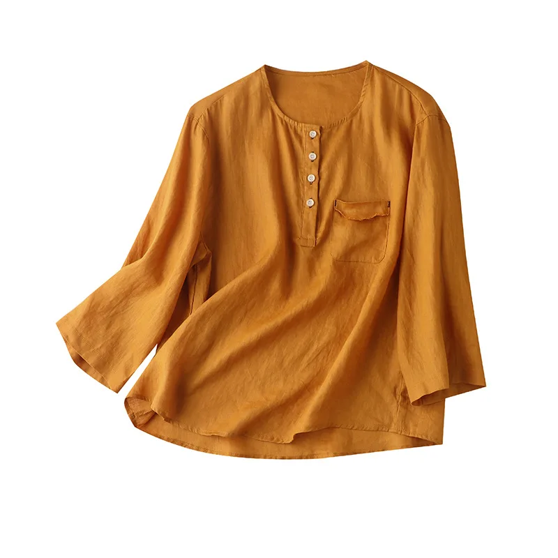 

2022 Blusas Mujer De Moda Verano Women Shirts Blouses Linen O-Neck Button Up Shirt Casual Tops Mujer Three Quarter Sleeve