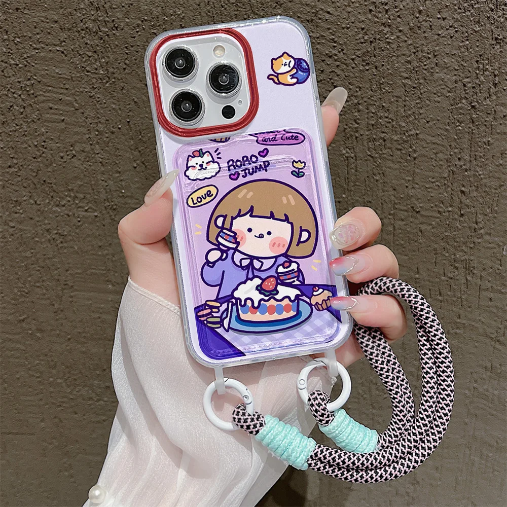 Card holder with lanyard Phone cases For iPhone 16 ProMax 15 14 13 12 11 Pro 7 8 Plus XS Xs Max Silicone Solid Color Case