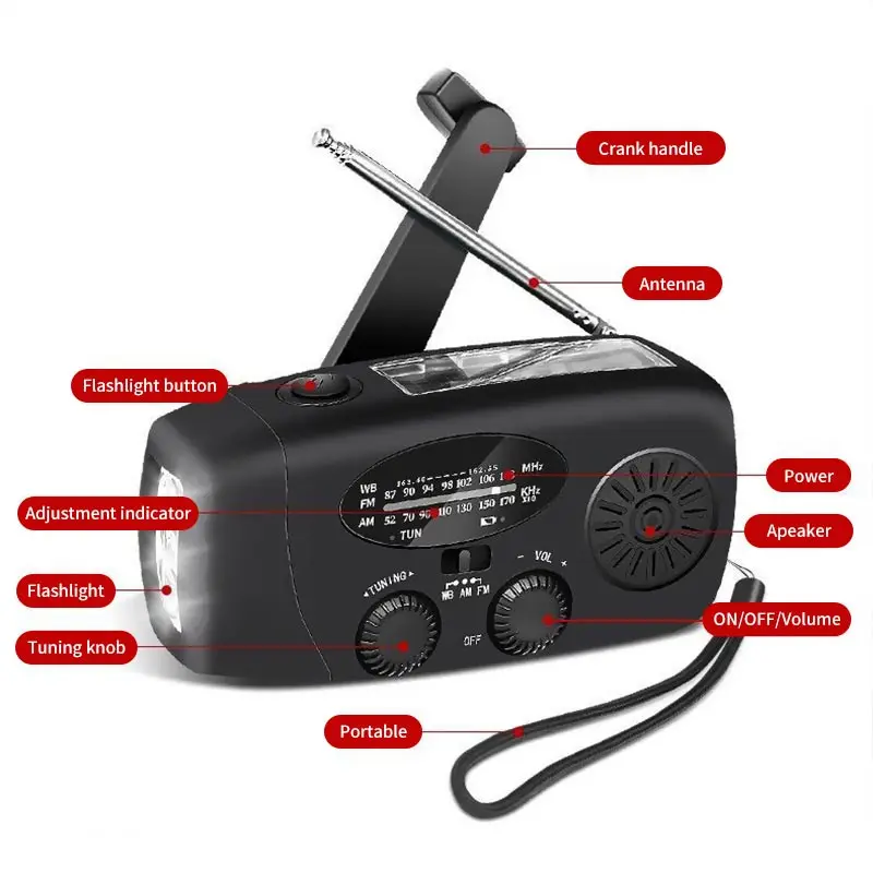 Ручка на солнечной батарее с динамиком Радио Power ed AM/FM/WB радио для погоды