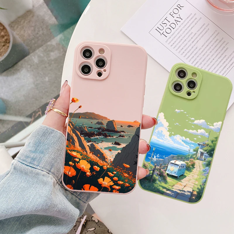 

Hand Drawn Natural Scenery Silicone Phone Case For iPhone 11 12 13 14 Pro Max Mini X XS Max XR 7 8 Plus SE 2020 Nice Soft Cover