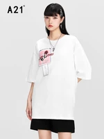 a21 womens temperament printed round neck t shirt 2022 summer new fashion design pure cotton short sleeved loose casual tops