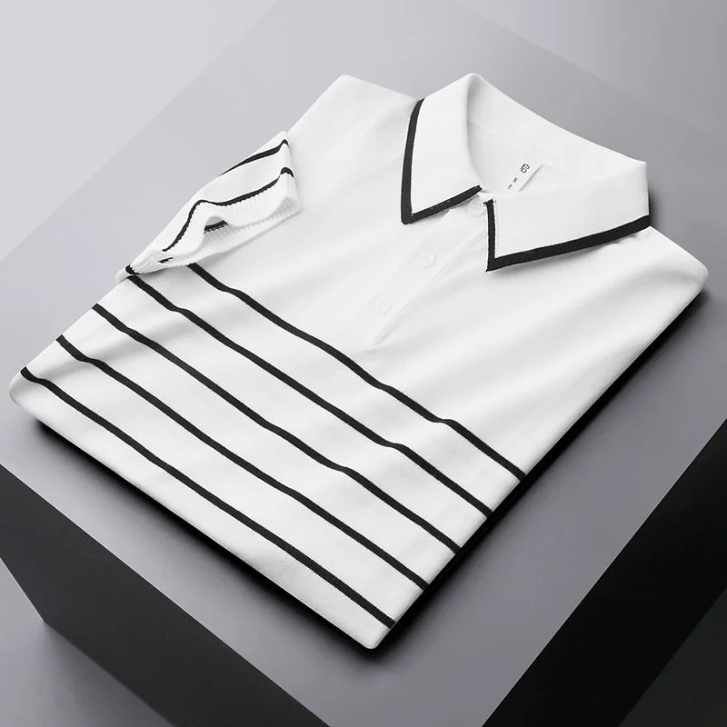 

grade High contrast striped ice silk polo men's summer thin knitted T-shirt men's half sleeve Business Casual Luxury Lapel top